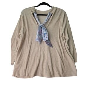 Blue‎ Rain Women's SIZE LARGE Ribbed Knit Long Sleeve Top Beige V-Neck W/ Scarf